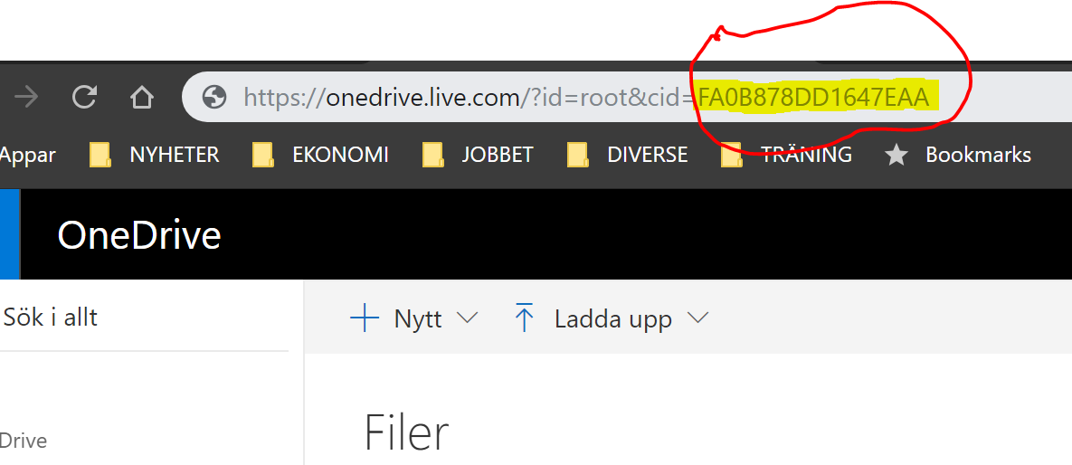 Adressraden i onedrive på webben