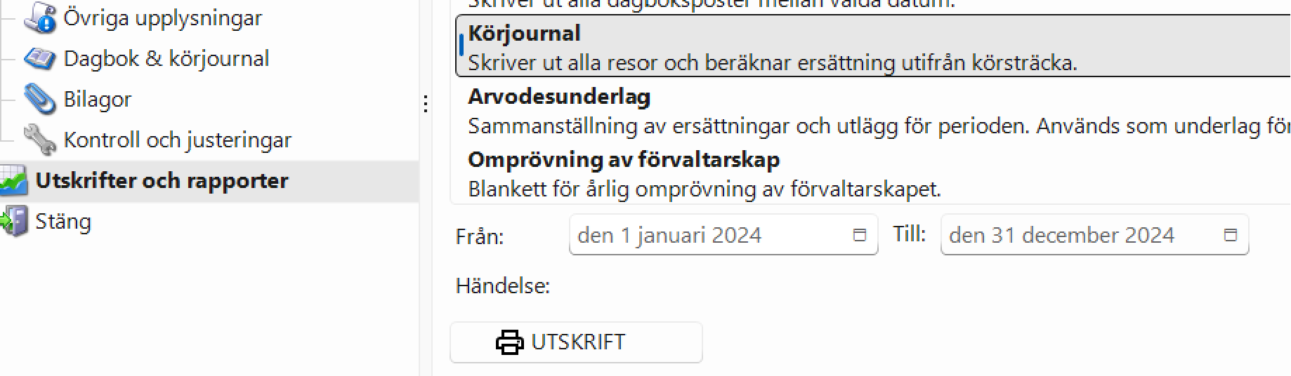 utskrift körjournal